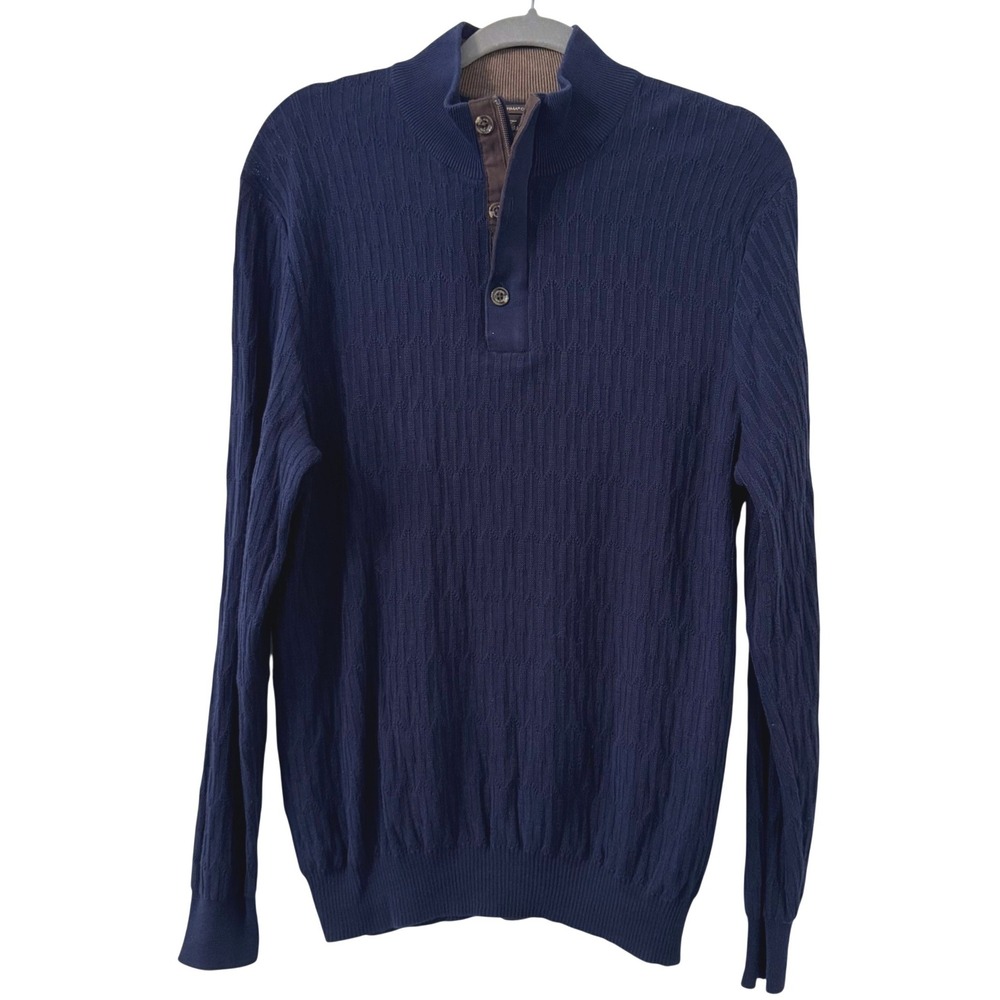 Tasso Elba Mens Sweater Large Navy Blue Supima‎ Cotton Cable Knit Mock Neck